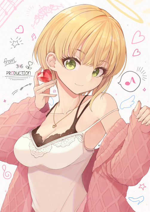 1girl bangs bare_shoulders beamed_sixteenth_notes blonde_hair breasts camisole cleavage closed_mouth commentary_request eighth_note eyebrows_visible_through_hair fingernails green_eyes halo head_tilt heart heart_necklace holding idolmaster idolmaster_cinderella_girls jacket jewelry looking_at_viewer medium_breasts migimaki_(migi_mawashi) miyamoto_frederica musical_note off_shoulder open_clothes open_jacket pendant pink_jacket sleeves_past_wrists smile solo spoken_musical_note star strap_slip upper_body white_camisole