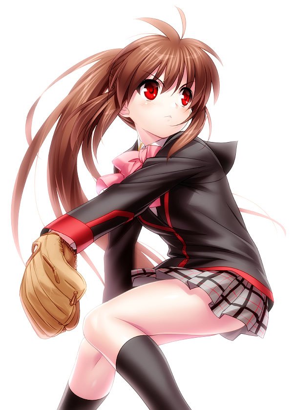 1girl baseball_glove black_jacket black_legwear blazer bow bowtie brown_hair commentary_request jacket kneehighs little_busters!! long_hair natsume_rin pink_neckwear pitching plaid plaid_skirt pleated_shirt ponytail red_eyes school_uniform simple_background skirt solo white_background zen