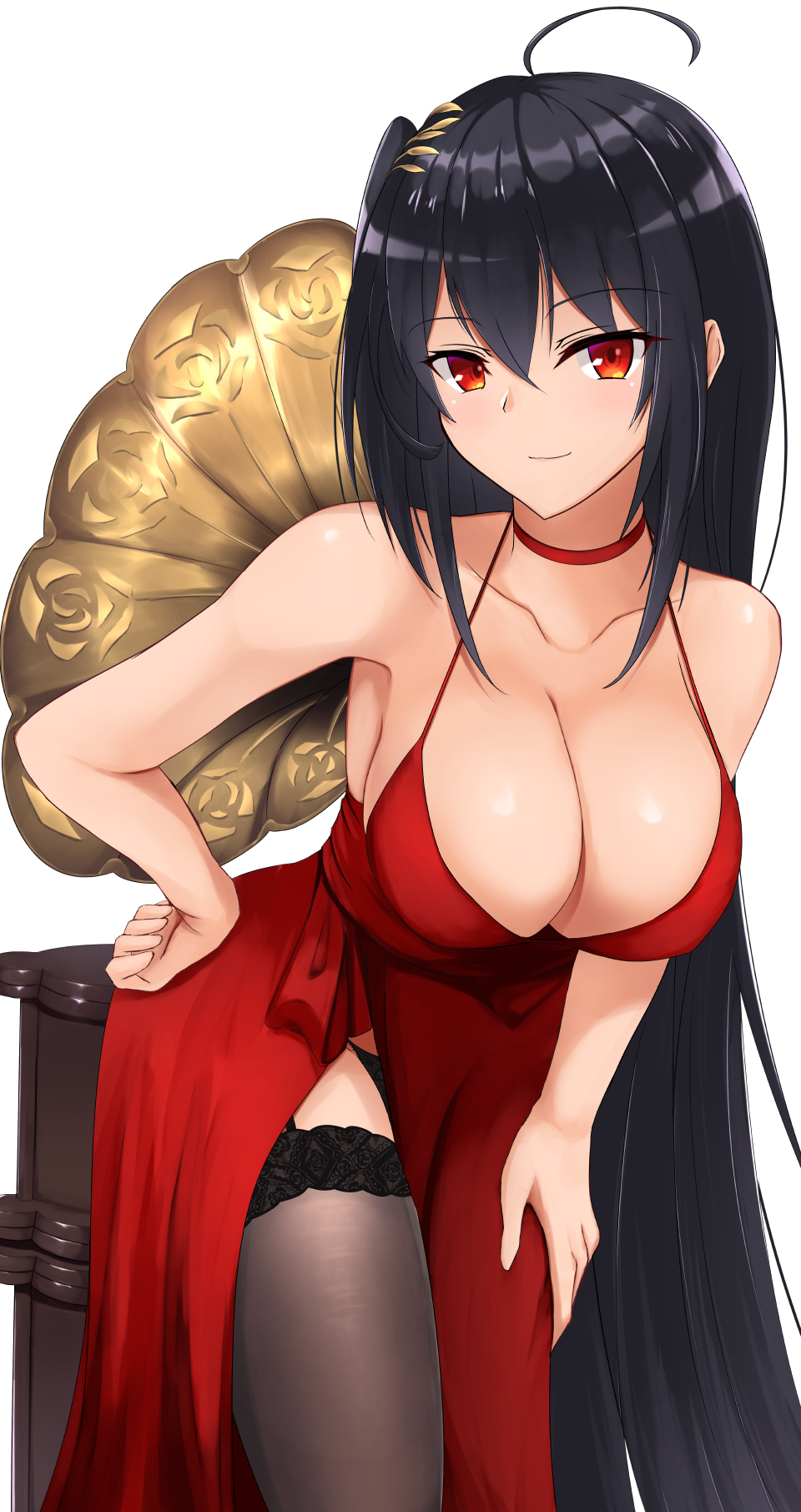 1girl ahoge azur_lane black_hair black_legwear breasts choker cleavage cocktail_dress dress hair_ornament hanging_breasts highres large_breasts leaning_forward light_blush long_hair looking_at_viewer nankaichimu phonograph red_choker red_dress red_eyes side_slit smirk solo taihou_(azur_lane) taihou_(forbidden_feast)_(azur_lane) thigh-highs very_long_hair