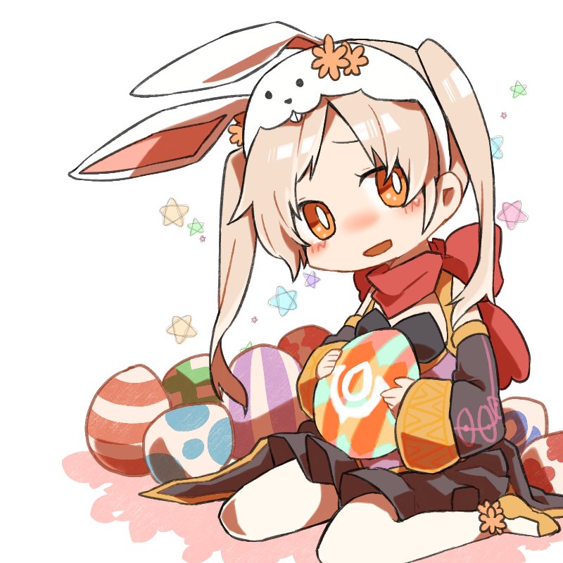 1girl alternate_costume animal_ears brown_eyes easter_egg egg fake_animal_ears female_my_unit_(fire_emblem:_kakusei) fire_emblem fire_emblem:_kakusei fire_emblem_heroes holding long_sleeves my_unit_(fire_emblem:_kakusei) nintendo open_mouth rabbit_ears shunrai simple_background sitting solo twintails white_background white_hair