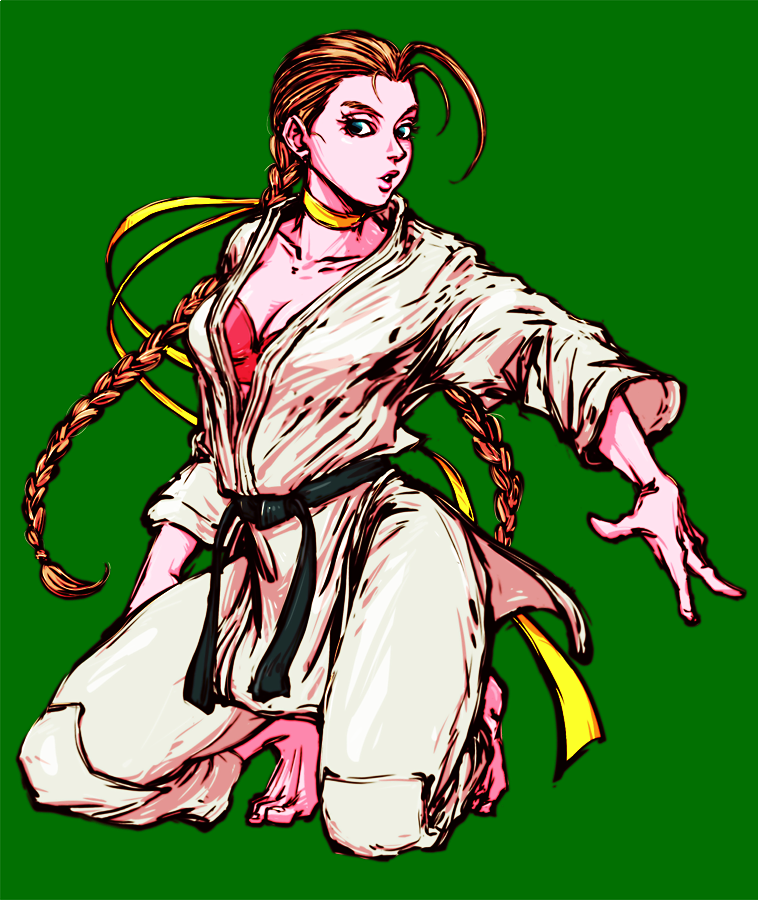 1girl antenna_hair belt black_belt blonde_hair blue_eyes bra braid breasts cammy_white choker cleavage commentary_request cosplay dougi full_body green_background kneeling long_hair looking_at_viewer makoto_(street_fighter) makoto_(street_fighter)_(cosplay) medium_breasts open_mouth pants red_bra ribbon_choker simple_background solo sports_bra street_fighter tobaccostar twin_braids underwear very_long_hair