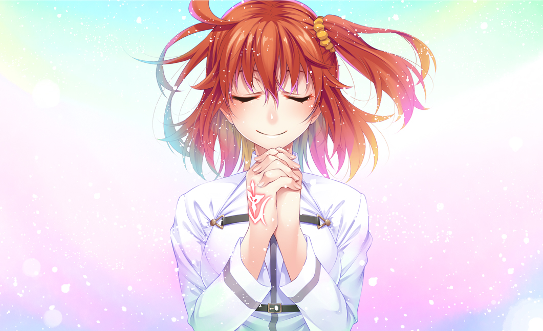 1girl closed_eyes command_spell fate/grand_order fate_(series) fujimaru_ritsuka_(female) hair_between_eyes hands_clasped mukunokino_isshiki multicolored multicolored_background orange_hair own_hands_together scrunchie short_hair side_ponytail smile solo upper_body yellow_scrunchie