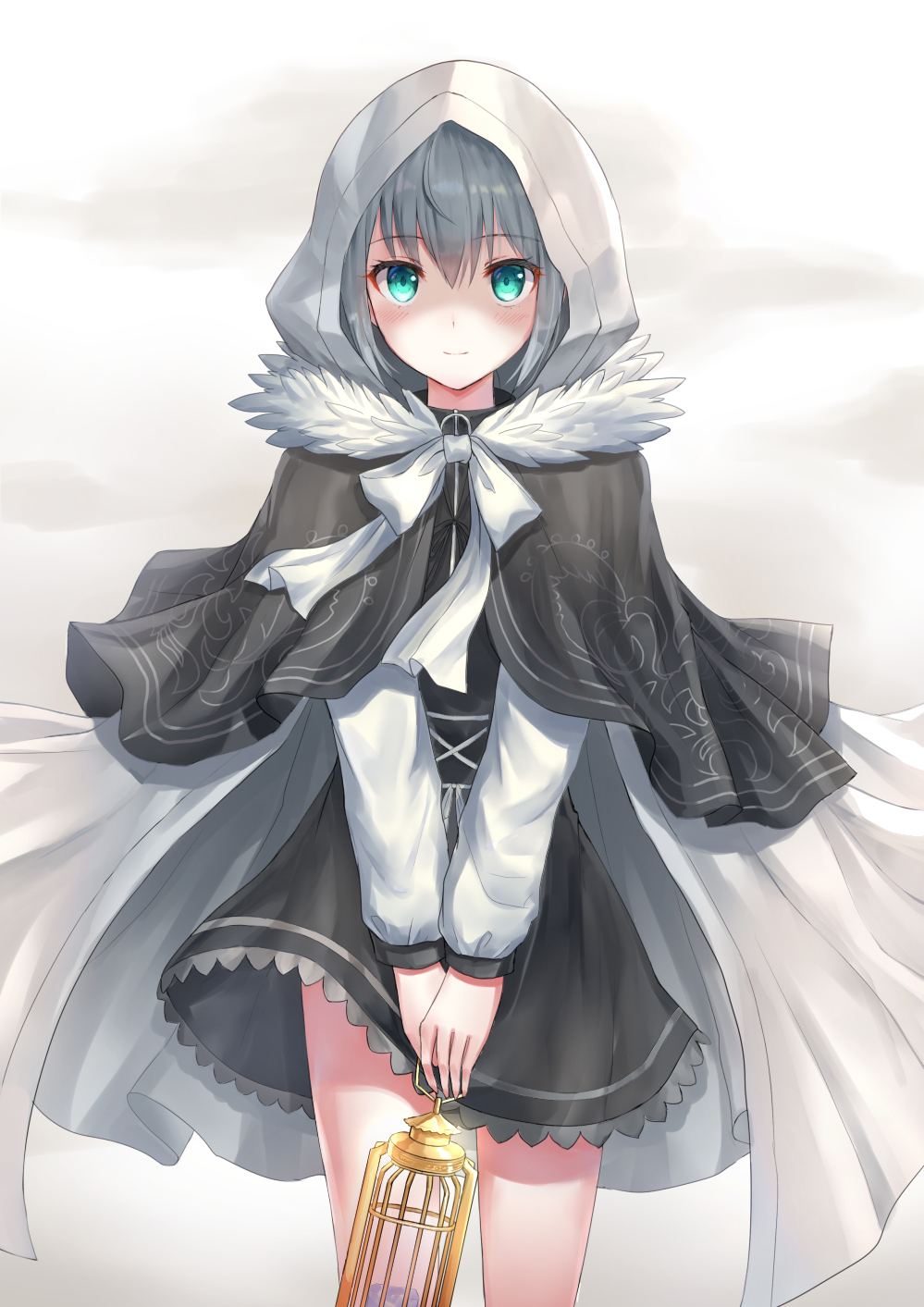 1girl bangs birdcage black_capelet black_dress bow cage cape capelet closed_mouth commentary_request dress eyebrows_visible_through_hair fate_(series) fur_trim gray_(lord_el-melloi_ii) green_eyes grey_hair hair_between_eyes hands_together highres holding hood hood_up long_sleeves looking_at_viewer lord_el-melloi_ii_case_files own_hands_together seungju_lee smile solo v_arms white_bow white_cape