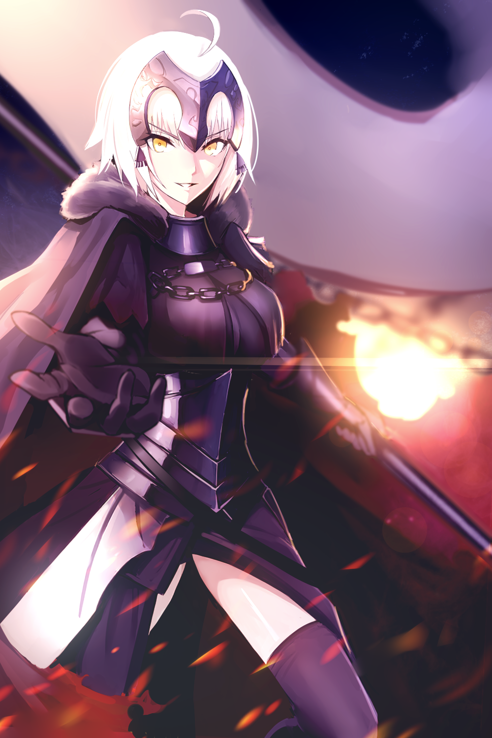 1girl ahoge armor armored_dress banner black_dress black_gloves black_legwear boa_sorte dress fate/grand_order fate_(series) faulds gloves highres holding jeanne_d'arc_(alter)_(fate) jeanne_d'arc_(fate)_(all) looking_at_viewer parted_lips reaching_out shiny shiny_skin short_hair silver_hair solo standing thigh-highs v-shaped_eyebrows yellow_eyes