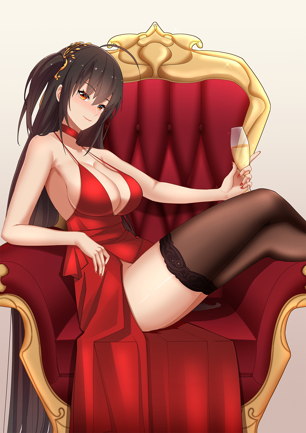 1girl ahoge azur_lane bare_shoulders black_hair black_legwear blush breasts chair champagne_flute choker cleavage cocktail_dress commentary_request cup dress drinking_glass eyebrows_visible_through_hair hair_between_eyes hair_ornament highres holding holding_cup large_breasts leng_xiao long_hair looking_at_viewer red_choker red_dress red_eyes sitting smile solo taihou_(azur_lane) taihou_(forbidden_feast)_(azur_lane) thigh-highs thighs very_long_hair