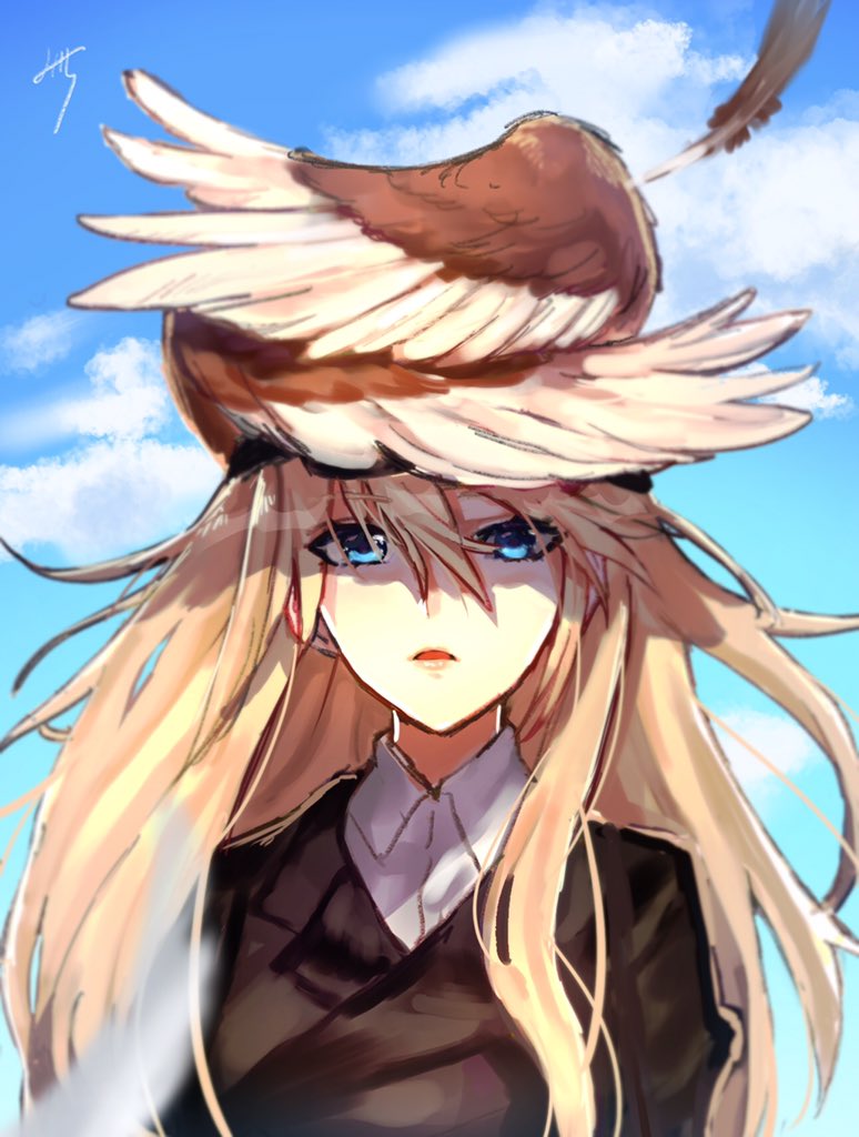 1girl blonde_hair blue_eyes blue_sky blurry clouds depth_of_field feathers hair_between_eyes hanna-justina_marseille head_wings long_hair miyoichi_(_miyoichi) parted_lips shaded_face signature sky solo strike_witches upper_body wind world_witches_series