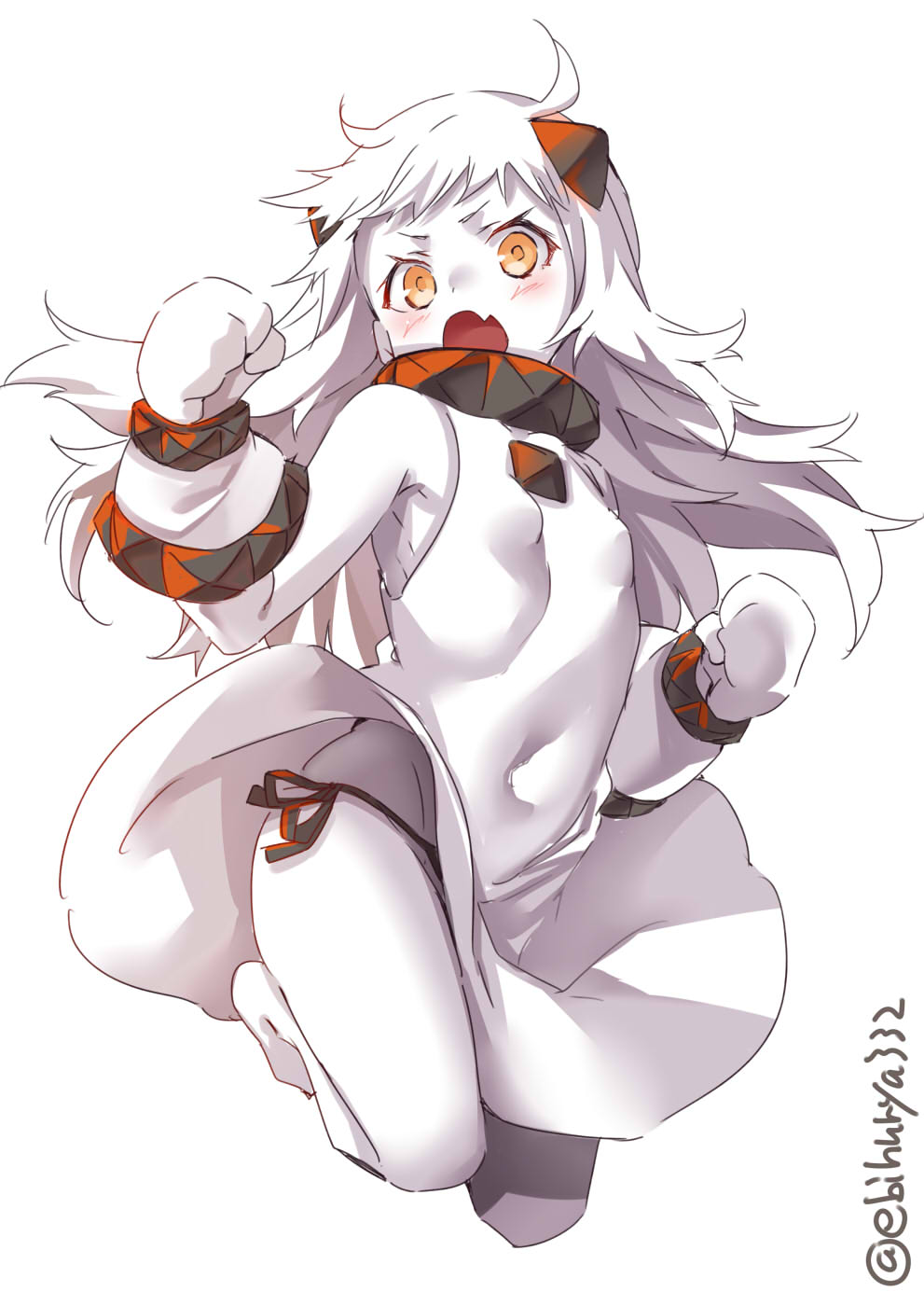 1girl ahoge bangs black_panties blush breasts collar commentary_request covered_navel cropped_legs dress ebifurya eyebrows_visible_through_hair fang groin hair_between_eyes highres horn horns kantai_collection leg_up long_hair looking_at_viewer mittens northern_ocean_hime open_mouth orange_eyes pale_skin panties pantyshot side-tie_panties simple_background sleeveless sleeveless_dress small_breasts solo underwear white_background white_dress white_hair white_skin