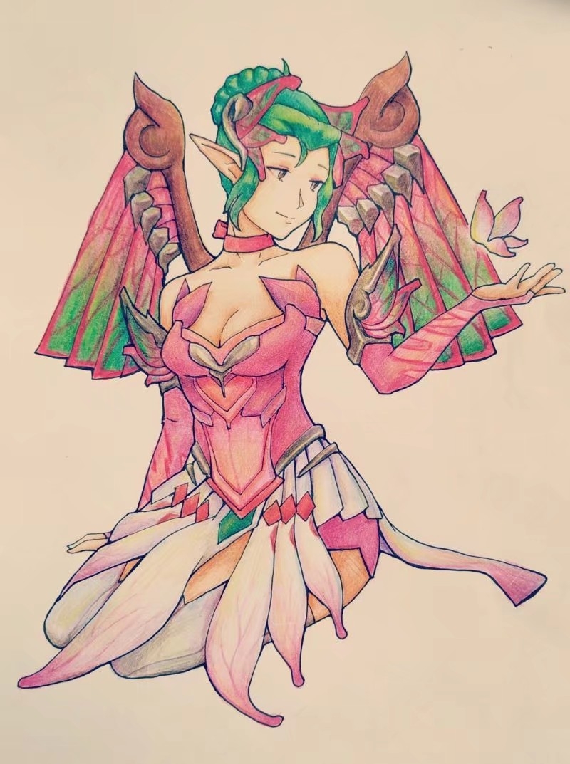 1girl alternate_wings arm_at_side arm_support bare_shoulders beige_background breasts bridal_gauntlets bug butterfly choker cleavage collarbone colored_pencil_(medium) dress elbow_gloves full_body gloves graphite_(medium) green_hair grey_eyes hair_bun hair_ornament insect light_smile looking_at_another mechanical_wings medium_breasts mercy_(overwatch) outstretched_hand overwatch pelvic_curtain pink_dress pink_gloves pink_ribbon pointy_ears ribbon ribbon_choker short_hair sidelocks simple_background sitting sleeveless sleeveless_dress solo sugar_plum_fairy_mercy thigh-highs traditional_media white_legwear wings yokozuwari ziye_(1561680910)