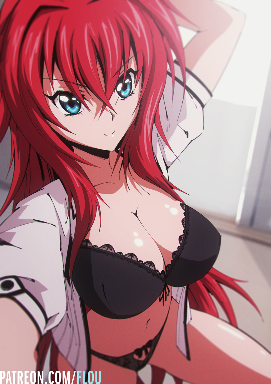 1girl arm_up blue_eyes bow bow_bra bow_panties bra breasts cleavage flou high_school_dxd highres large_breasts lingerie long_hair looking_at_viewer navel open_clothes outstretched_arm panties patreon_username redhead rias_gremory self_shot short_sleeves smile solo squatting underwear