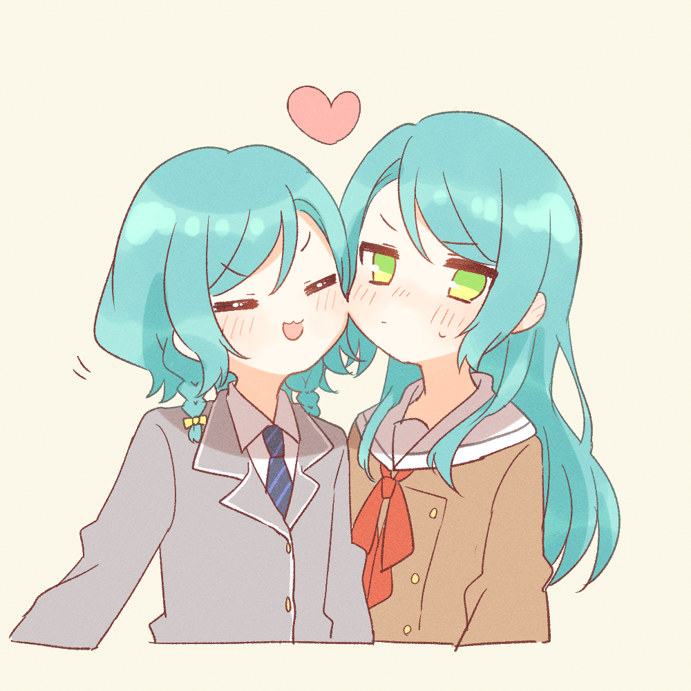 2girls :3 :d =_= aqua_hair bang_dream! beige_background blue_neckwear blush bow cheek-to-cheek green_eyes grey_blazer hair_bow hanasakigawa_school_uniform haneoka_school_uniform heart hikawa_hina hikawa_sayo hinakano_h long_hair multiple_girls neck_ribbon necktie open_mouth red_neckwear ribbon school_uniform short_hair siblings side_braids sisters smile striped striped_neckwear sweatdrop twins upper_body yellow_bow