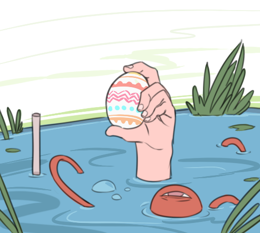 1girl air_bubble bubble commentary easter_egg egg eyeball hands holding_egg komeiji_satori lily_pad mefomefo outdoors snorkel solo submerged third_eye touhou water