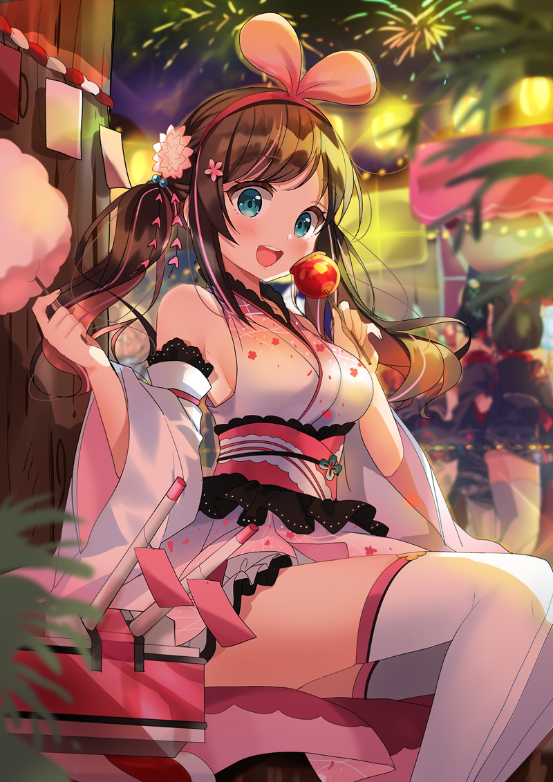 3girls :d a.i._channel aerial_fireworks aqua_eyes armpits azur_lane bare_shoulders black_hair black_kimono blue_eyes blurry blurry_background blurry_foreground blush breasts brown_hair candy_apple cannon commentary commentary_request cotton_candy depth_of_field detached_sleeves fireworks food food_stand fusou_(azur_lane) hair_ornament hairband headband holding japanese_clothes kanzashi kimono kizuna_ai kouhaku_nawa kurot lantern large_breasts long_hair long_sleeves looking_at_viewer medium_breasts miniskirt multicolored_hair multiple_girls night obi open_mouth outdoors paper_lantern pink_hair plant rope sash short_hair sitting skirt sleeveless smile solo_focus streaked_hair thigh-highs turret twintails two-tone_hair virtual_youtuber white_kimono white_legwear wide_sleeves yamashiro_(azur_lane) yukata zettai_ryouiki