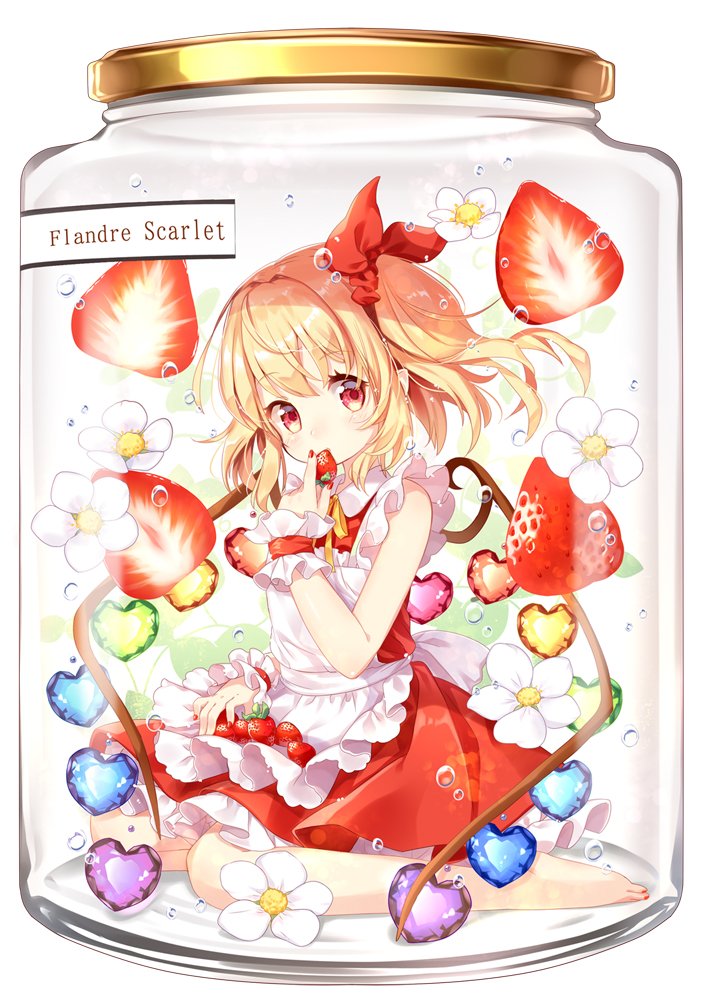 1girl adapted_costume air_bubble apron barefoot blonde_hair bubble character_name commentary_request crystal dress eating flandre_scarlet flower food fruit full_body hair_ribbon heart holding holding_food holding_fruit in_container jar looking_at_viewer medium_hair mimi_(mimi_puru) nail_polish neck_ribbon no_hat no_headwear one_side_up red_dress red_eyes red_nails red_ribbon ribbon simple_background sitting sleeveless sleeveless_dress solo strawberry strawberry_blossoms submerged toenail_polish touhou water white_background wings wrist_cuffs