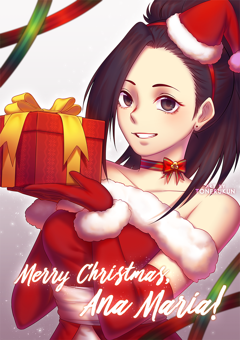 1girl artist_name black_eyes black_hair boku_no_hero_academia bow breasts collarbone commentary earrings elbow_gloves gift gloves hairband hat holding jewelry large_breasts long_hair looking_at_viewer merry_christmas ponytail red_bow red_gloves red_neckwear santa_costume santa_hat smile solo toneru yaoyorozu_momo