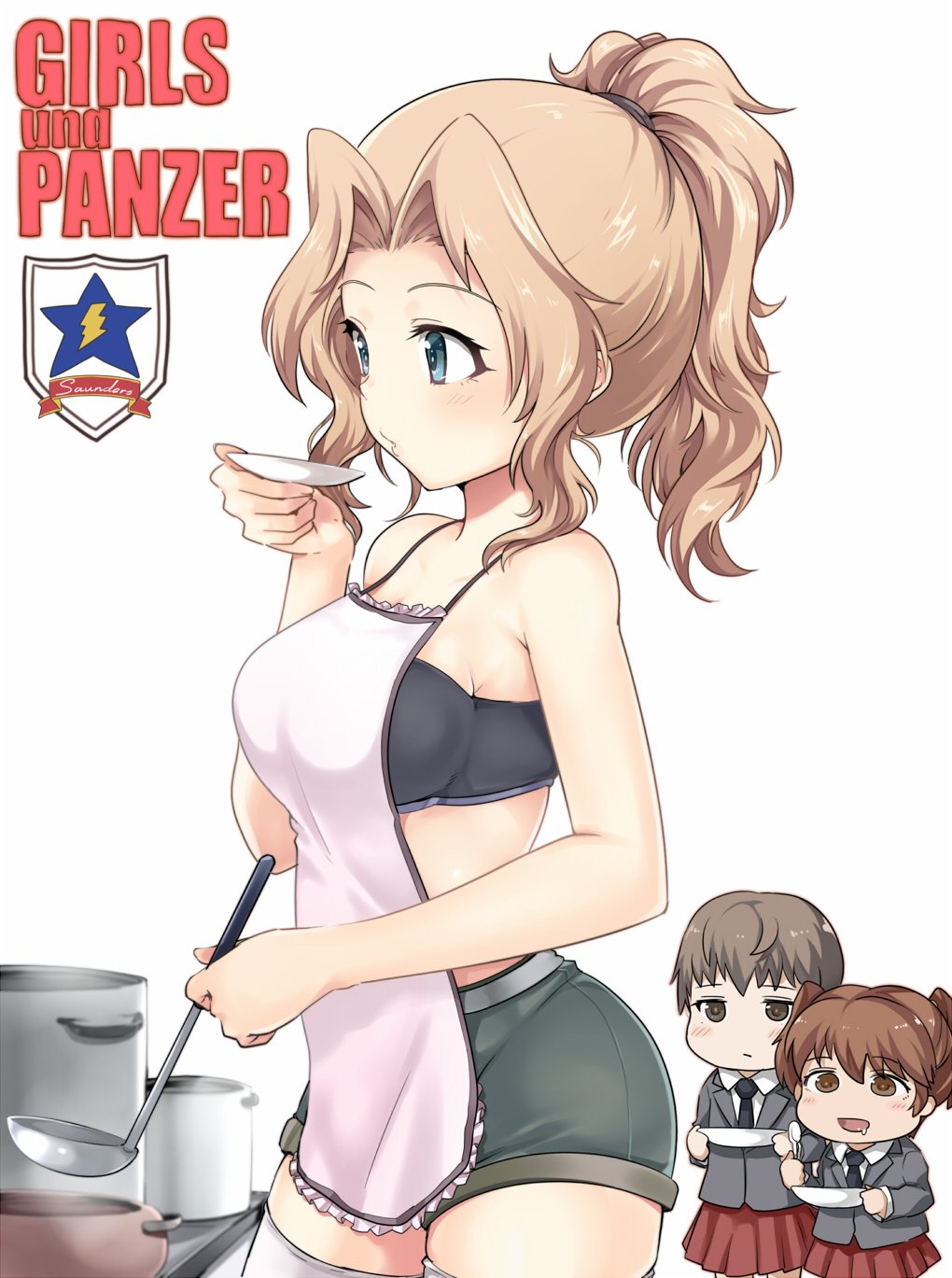 3girls alisa_(girls_und_panzer) alternate_hairstyle apron bangs belt black_bikini_top black_neckwear blazer brown_eyes brown_hair chibi closed_mouth commentary cooking copyright_name dress_shirt emblem frilled_apron frills girls_und_panzer grey_belt grey_jacket grey_shorts hair_intakes hair_tie hair_up highres holding holding_ladle holding_plate holding_saucer holding_spoon jacket kasai_shin kay_(girls_und_panzer) ladle light_blush light_frown long_sleeves medium_hair miniskirt multiple_girls naomi_(girls_und_panzer) necktie open_mouth plate pleated_skirt pot red_skirt saucer saunders_(emblem) saunders_school_uniform school_uniform shirt short_hair short_ponytail short_shorts short_twintails shorts skirt smile spoon standing thigh-highs twintails very_short_hair white_apron white_background white_legwear white_shirt wing_collar