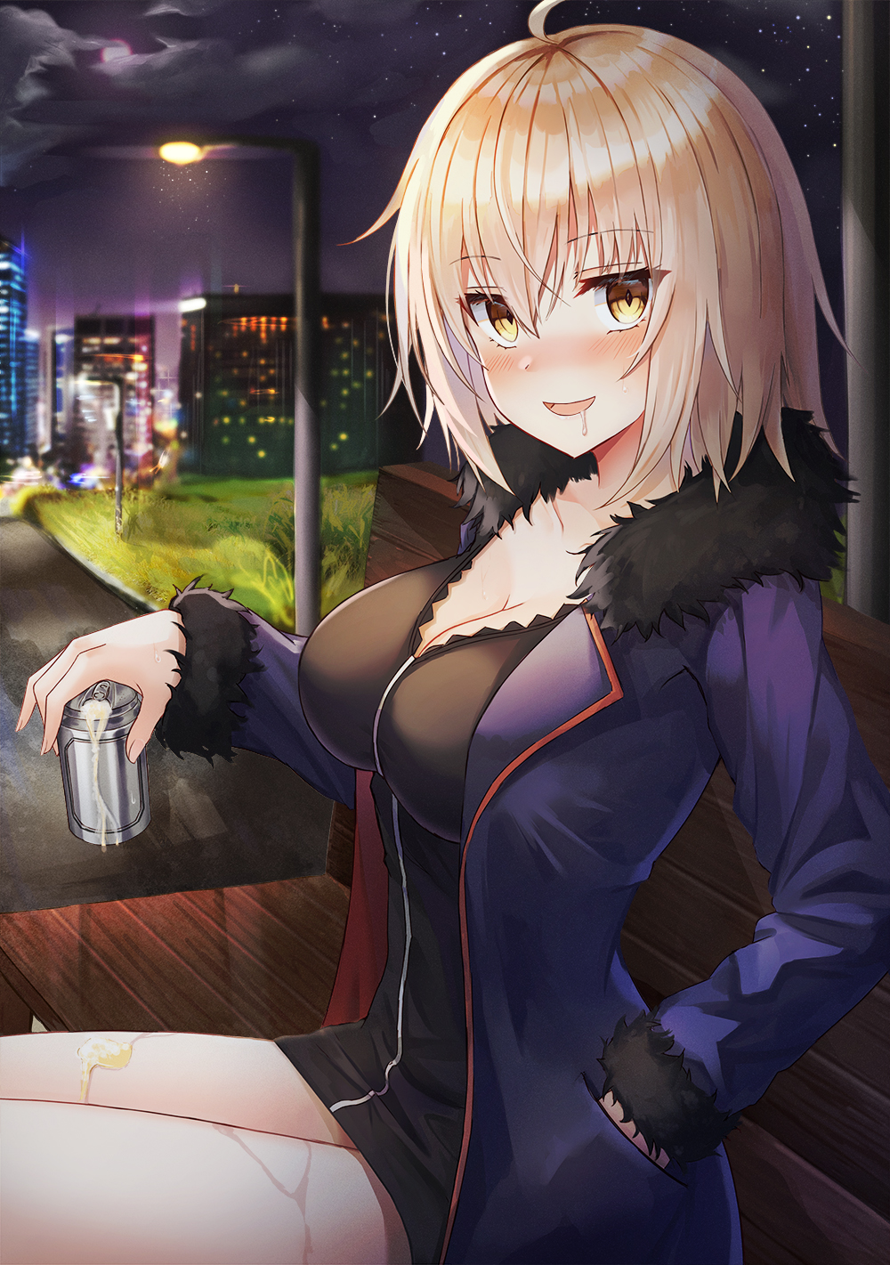 1girl :d ahoge bangs bench black_dress blonde_hair breasts building can cleavage clouds collarbone dress drooling fate/grand_order fate_(series) full_moon fur_collar fur_trim hair_between_eyes hand_in_pocket highres holding holding_can jacket jeanne_d'arc_(alter)_(fate) jeanne_d'arc_(fate)_(all) lamppost large_breasts lkeris long_sleeves looking_at_viewer moon night open_clothes open_jacket open_mouth outdoors purple_jacket short_hair sitting smile solo thighs wing_collar yellow_eyes