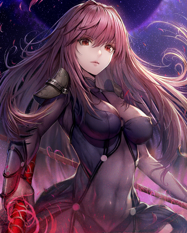 1girl bangs bodysuit breasts closed_mouth commentary covered_navel dual_wielding erect_nipples eyebrows_visible_through_hair fate/grand_order fate_(series) gae_bolg hisahisahisahisa holding light_particles lips long_hair looking_at_viewer medium_breasts pauldrons polearm purple_bodysuit purple_hair red_eyes redhead revision scathach_(fate)_(all) scathach_(fate/grand_order) skin_tight solo spear standing weapon