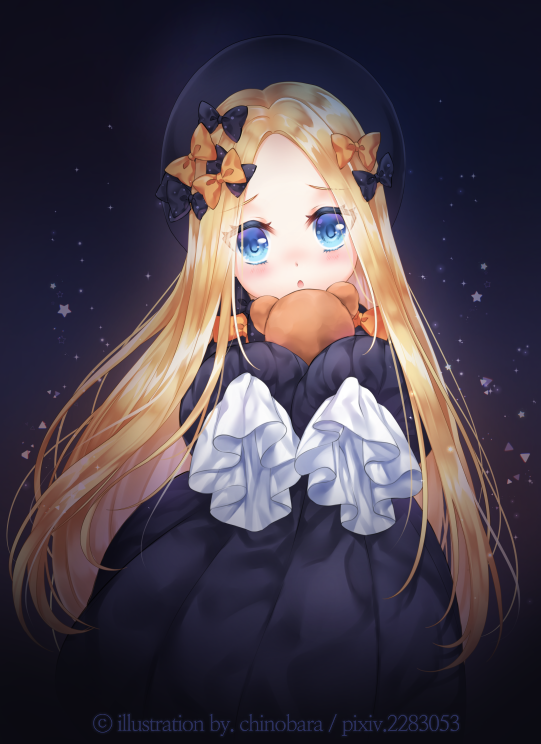 1girl :o abigail_williams_(fate/grand_order) bangs black_bow black_dress black_headwear blonde_hair blue_eyes blush bow chinobara commentary_request dress eyebrows_visible_through_hair fate/grand_order fate_(series) forehead hair_bow hat head_tilt long_hair long_sleeves looking_at_viewer object_hug orange_bow parted_bangs parted_lips pixiv_id polka_dot polka_dot_bow sleeves_past_fingers sleeves_past_wrists solo stuffed_animal stuffed_toy teddy_bear very_long_hair