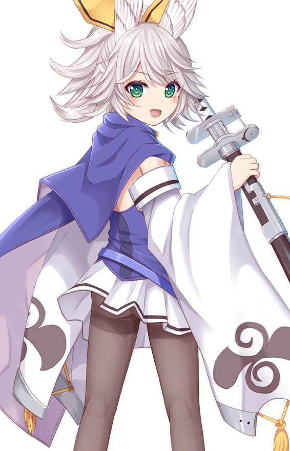 1girl :d azur_lane bangs blue_cape blue_shirt blush brown_legwear cape commentary_request detached_sleeves eyebrows_visible_through_hair green_eyes grey_hair hair_between_eyes hair_ribbon holding holding_sheath katana kitakaze_(azur_lane) long_sleeves looking_at_viewer looking_back multicolored multicolored_cape multicolored_clothes open_mouth pantyhose pleated_skirt revision ribbon sheath sheathed shirt simple_background skirt sleeves_past_wrists smile solo standing sword thighband_pantyhose tsukino_neru weapon white_background white_cape white_skirt white_sleeves wide_sleeves yellow_ribbon