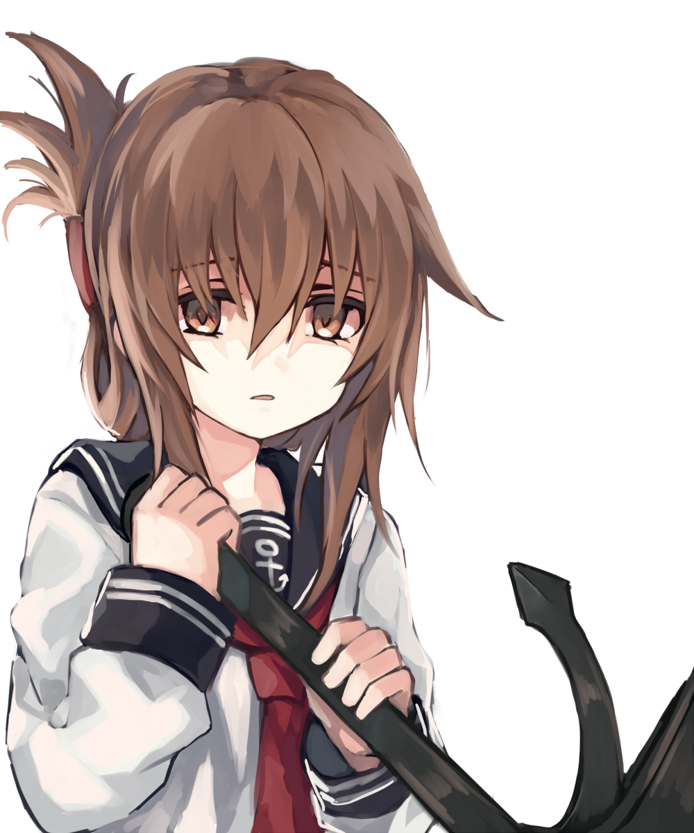 1girl anchor anchor_symbol black_sailor_collar blush brown_hair commentary eyebrows_visible_through_hair folded_ponytail hair_between_eyes hair_ornament hairclip highres inazuma_(kantai_collection) kantai_collection long_hair long_sleeves natsuyuki neckerchief open_mouth red_neckwear sailor_collar school_uniform serafuku shirt simple_background white_background white_shirt