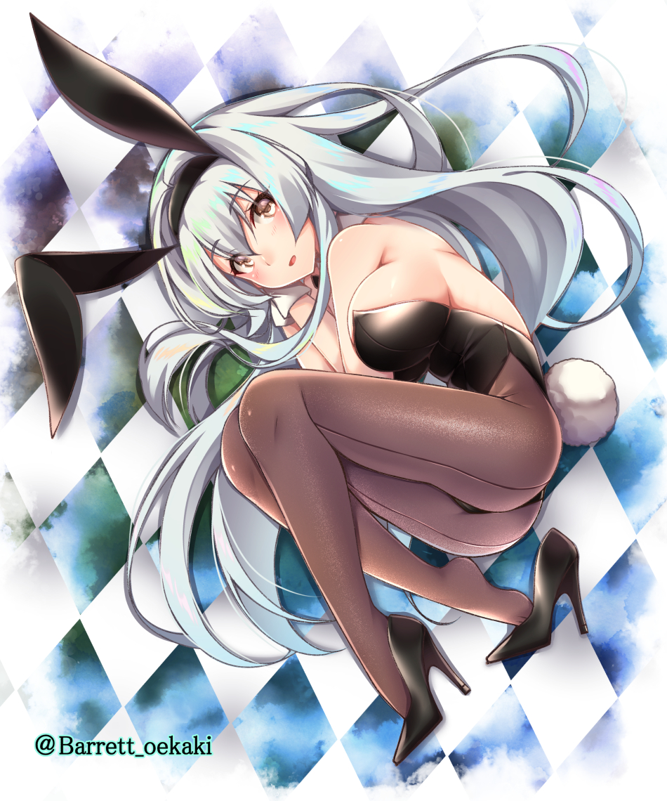 1girl animal_ears baretto_(firearms_1) black_footwear black_leotard brown_eyes brown_legwear bunny_girl bunny_tail bunnysuit checkered checkered_background commentary_request detached_collar fetal_position from_above high_heels kantai_collection leotard long_hair looking_at_viewer lying on_side pantyhose rabbit_ears shoe_dangle shoukaku_(kantai_collection) silver_hair smile solo tail twitter_username wrist_cuffs