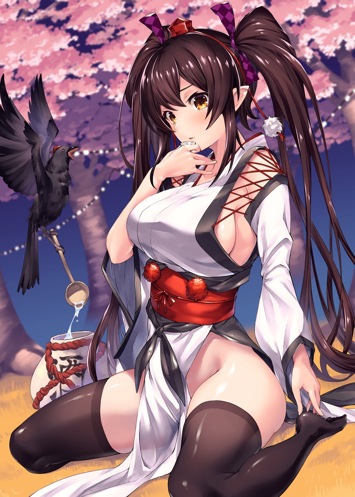 1girl akanagi_youto alternate_costume bangs bare_shoulders bird black_hair black_legwear blush breasts brown_eyes checkered checkered_ribbon cherry_blossoms choko_(cup) commentary_request crow cup detached_sleeves grass hair_ribbon hand_up hat highres himekaidou_hatate hishaku holding holding_cup japanese_clothes jar kimono kourindou_tengu_costume large_breasts long_hair long_sleeves looking_at_viewer no_panties no_shoes obi outdoors pelvic_curtain pom_pom_(clothes) purple_ribbon red_sash ribbon sash sideboob sitting solo tassel thigh-highs thighs tokin_hat touhou tree twintails very_long_hair wariza white_kimono wide_sleeves