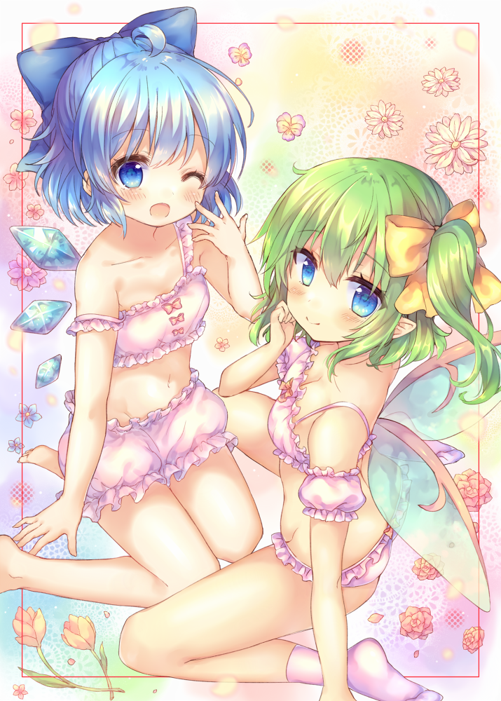 2girls ;d ahoge bare_arms bare_legs bare_shoulders barefoot bloomers blue_bow blue_eyes blue_hair blue_wings blush bow bra breasts cirno cleavage closed_mouth commentary_request daiyousei detached_sleeves fairy_wings green_hair groin hair_bow ice ice_wings long_hair looking_at_viewer looking_to_the_side multiple_girls navel no_socks one_eye_closed one_side_up open_mouth panties pjrmhm_coa puffy_short_sleeves puffy_sleeves short_sleeves sitting small_breasts smile socks soles strap_slip touhou transparent transparent_wings underwear underwear_only wariza white_bloomers white_bra white_legwear white_panties white_sleeves wings yellow_bow