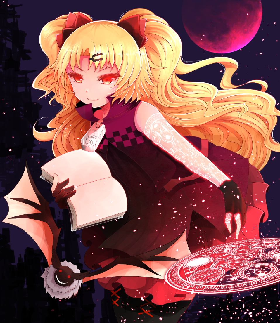 1girl akatsuki_yuni animal arano_oki bangs bare_shoulders bat black_gloves black_legwear blonde_hair book closed_mouth commentary_request dress eyebrows_visible_through_hair full_moon gloves hair_ornament hairclip holding holding_book leaning_forward long_hair magic_circle moon open_book parted_bangs partly_fingerless_gloves pleated_skirt purple_dress red_moon red_skirt skirt smile solo thigh-highs two_side_up uni_channel very_long_hair virtual_youtuber zipper_pull_tab
