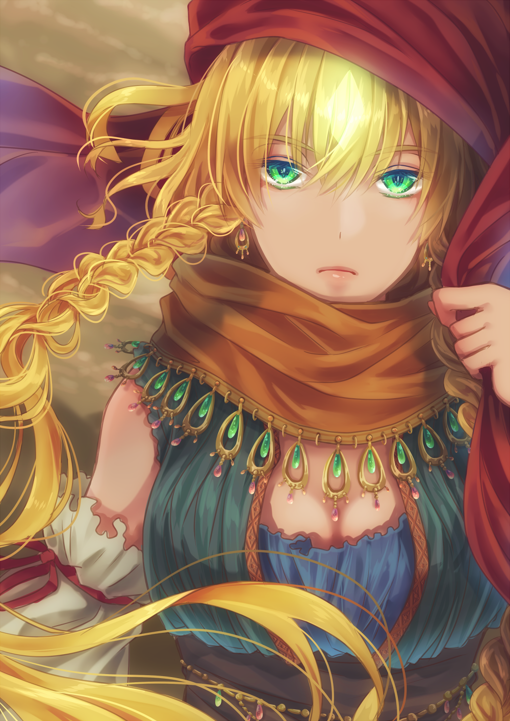 1girl blonde_hair braid breasts brown_scarf cleavage detached_sleeves earrings floating_hair frown green_eyes hair_between_eyes highres jewelry long_hair looking_at_viewer medium_breasts original red_ribbon ribbon sakuyabm scarf solo traditional_clothes twin_braids upper_body very_long_hair white_sleeves