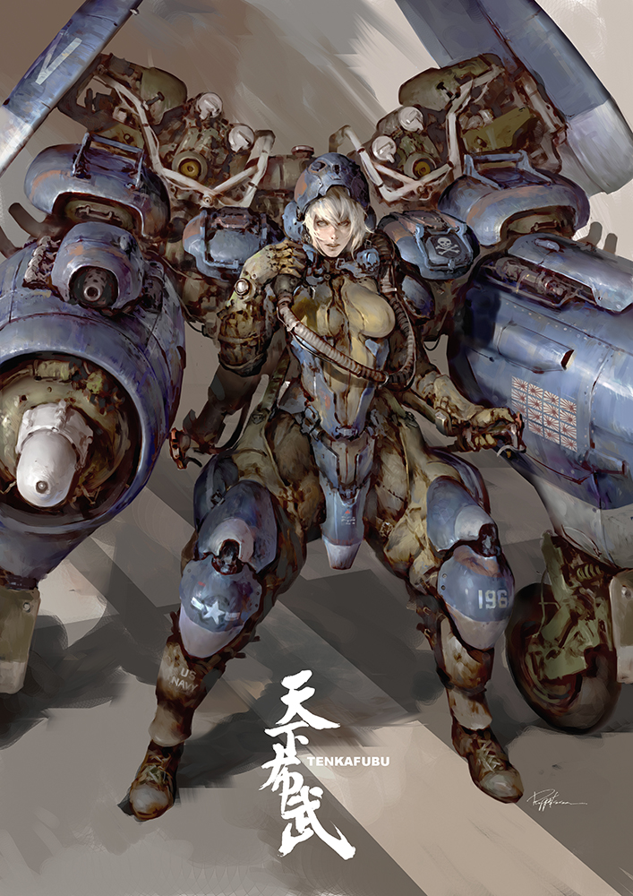 1girl bangs breasts covered_navel exoskeleton full_body hand_up helmet large_breasts looking_at_viewer machine original parted_lips puppeteer_lee solo standing weapon wheel white_hair