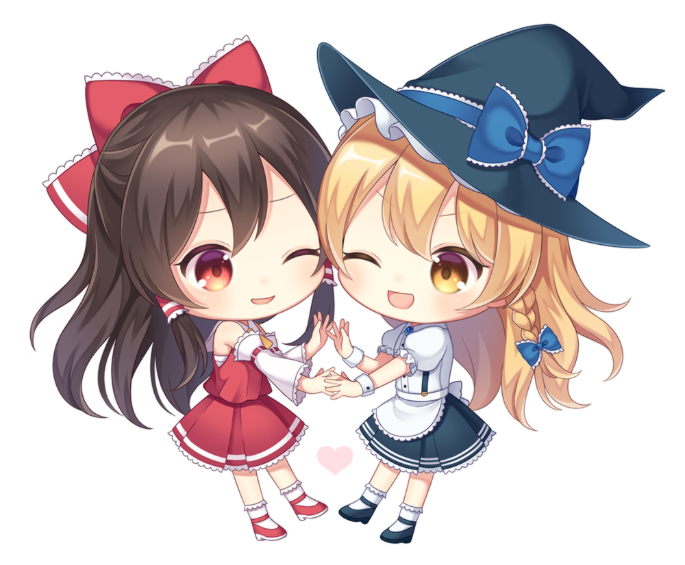 2girls ;d apron bangs bare_shoulders black_footwear black_hair black_headwear black_skirt blonde_hair blue_bow blush bow braid chibi commentary_request detached_sleeves eyebrows_visible_through_hair full_body hair_bow hair_tubes hakurei_reimu hand_holding hat hat_bow heart interlocked_fingers kirisame_marisa long_hair long_sleeves looking_at_another multiple_girls one_eye_closed open_mouth puffy_short_sleeves puffy_sleeves red_bow red_eyes red_footwear red_skirt ribbon-trimmed_sleeves ribbon_trim sarashi shirt shoes short_sleeves sidelocks simple_background single_braid skirt skirt_set smile socks suspender_skirt suspenders touhou waist_apron white_apron white_background white_legwear white_shirt wide_sleeves witch_hat wrist_cuffs yamayu yellow_eyes