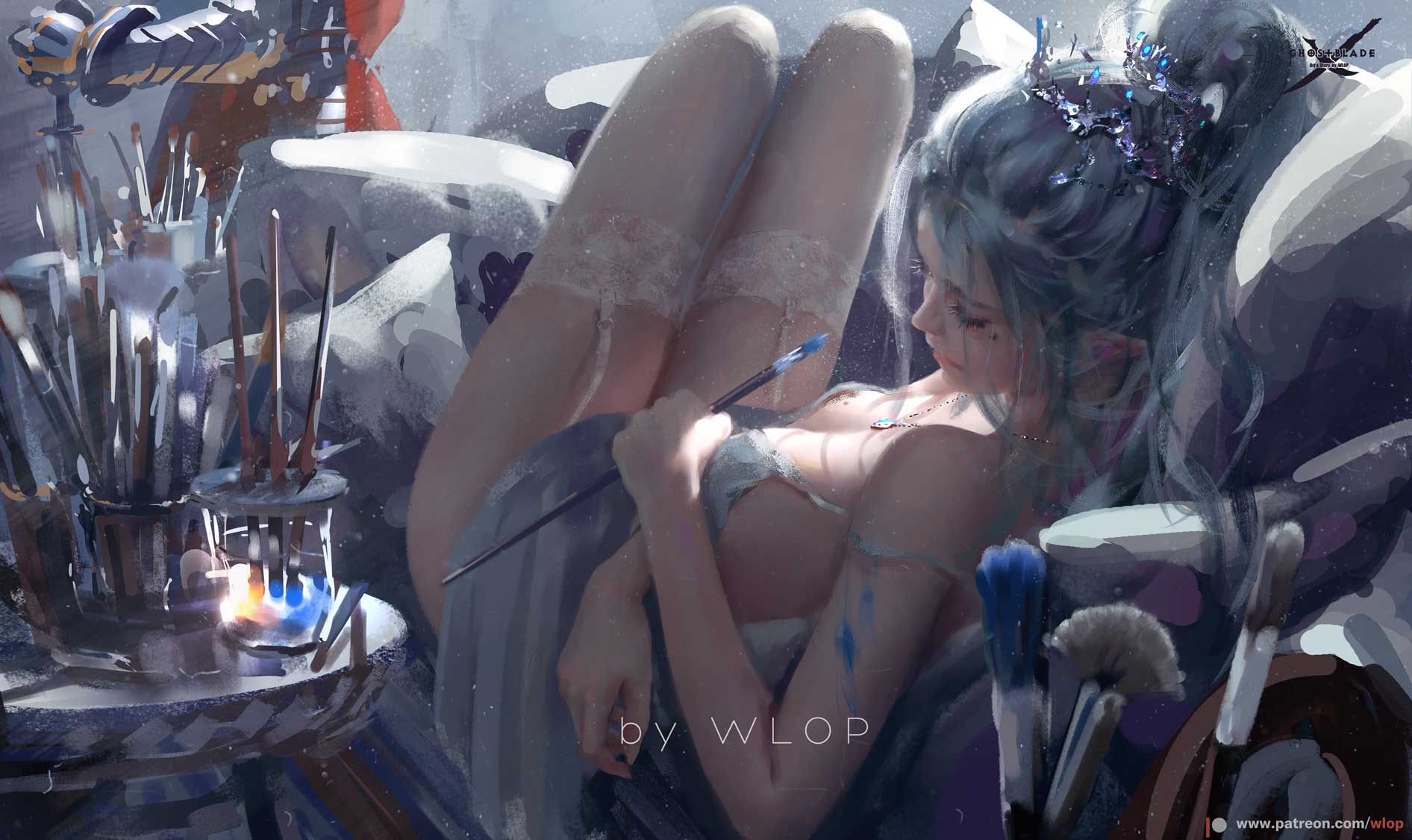 1girl artist_name breasts carafe cleavage closed_eyes closed_mouth copyright_name couch day dress elf from_behind garter_straps ghostblade grey_dress grey_hair high_ponytail highres holding holding_paintbrush indoors jar jewelry knees_up knight long_hair lying medium_breasts mole mole_on_breast necklace on_back on_couch paintbrush pendant pillow pointy_ears sleeping sleeveless sleeveless_dress solo_focus strap_slip sword table thigh-highs watermark weapon web_address white_legwear wlop