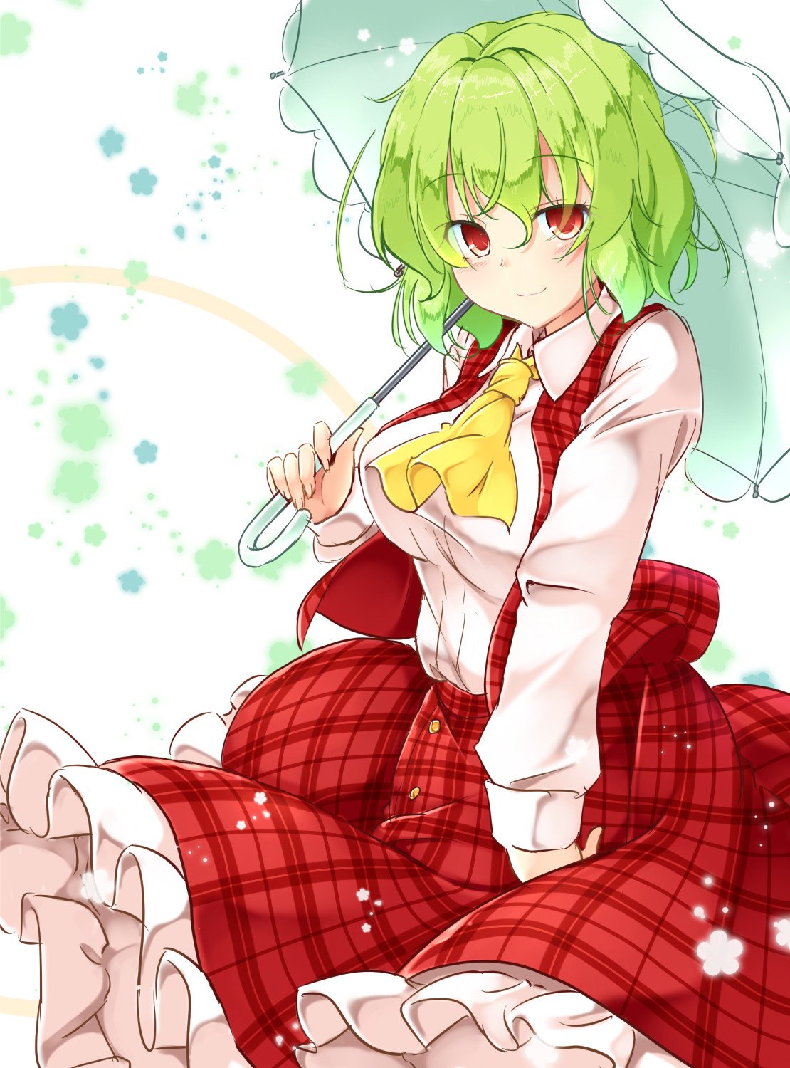 1girl aka_tawashi ascot bangs blush breasts commentary_request cowboy_shot eyebrows_visible_through_hair green_hair green_umbrella hair_between_eyes highres holding holding_umbrella kazami_yuuka large_breasts long_sleeves looking_at_viewer petticoat plaid plaid_skirt plaid_vest red_eyes red_skirt red_vest short_hair skirt skirt_set smile solo standing touhou umbrella vest white_background yellow_neckwear