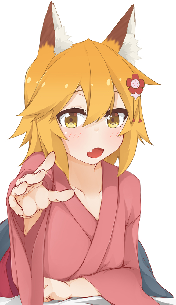 1girl animal_ear_fluff animal_ears bangs blonde_hair blush brown_eyes collarbone commentary_request eyebrows_visible_through_hair fang flower fox_ears hair_between_eyes hair_flower hair_ornament hinata_masaki japanese_clothes kimono long_hair long_sleeves looking_at_viewer open_mouth outstretched_arm pink_kimono red_flower senko_(sewayaki_kitsune_no_senko-san) sewayaki_kitsune_no_senko-san solo white_background wide_sleeves