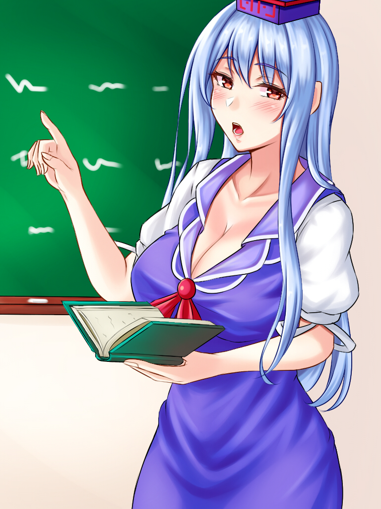 1girl blue_dress blue_hair blush book breasts chalkboard collarbone commentary_request cowboy_shot dress eyebrows_visible_through_hair hat kamishirasawa_keine large_breasts long_hair looking_at_viewer mimasi_osuwari open_mouth puffy_short_sleeves puffy_sleeves red_eyes short_sleeves solo talking touhou