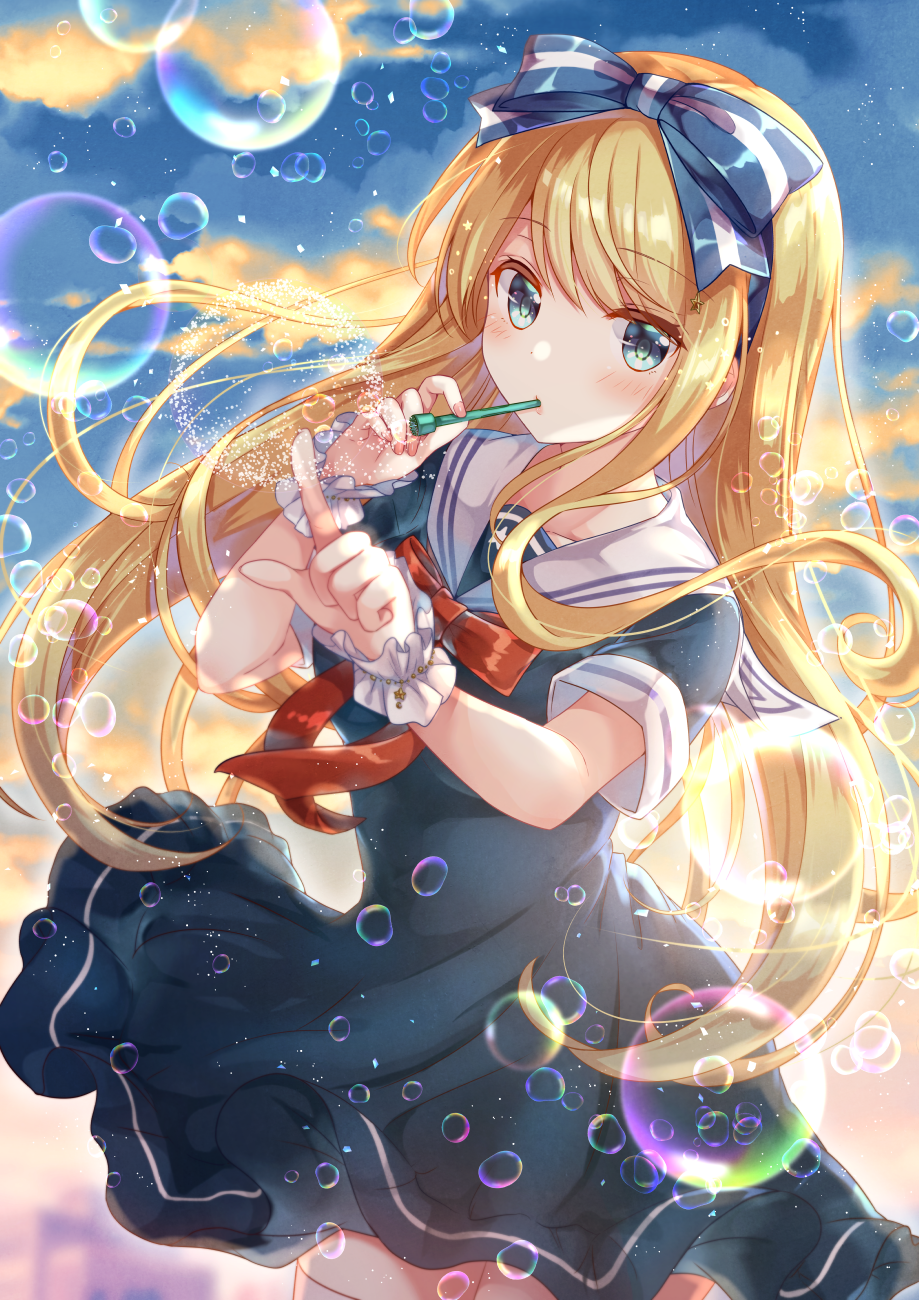 1girl blonde_hair blue_bow blue_dress blue_eyes blush bow bubble bubble_blowing clouds cowboy_shot dress emori_miku_project emu_alice floating_hair gomano_rio hair_bow hairband highres holding long_hair looking_at_viewer mouth_hold nail_polish navy_blue_dress outdoors pink_nails red_neckwear sailor_dress short_dress short_sleeves sky solo thigh-highs wrist_cuffs