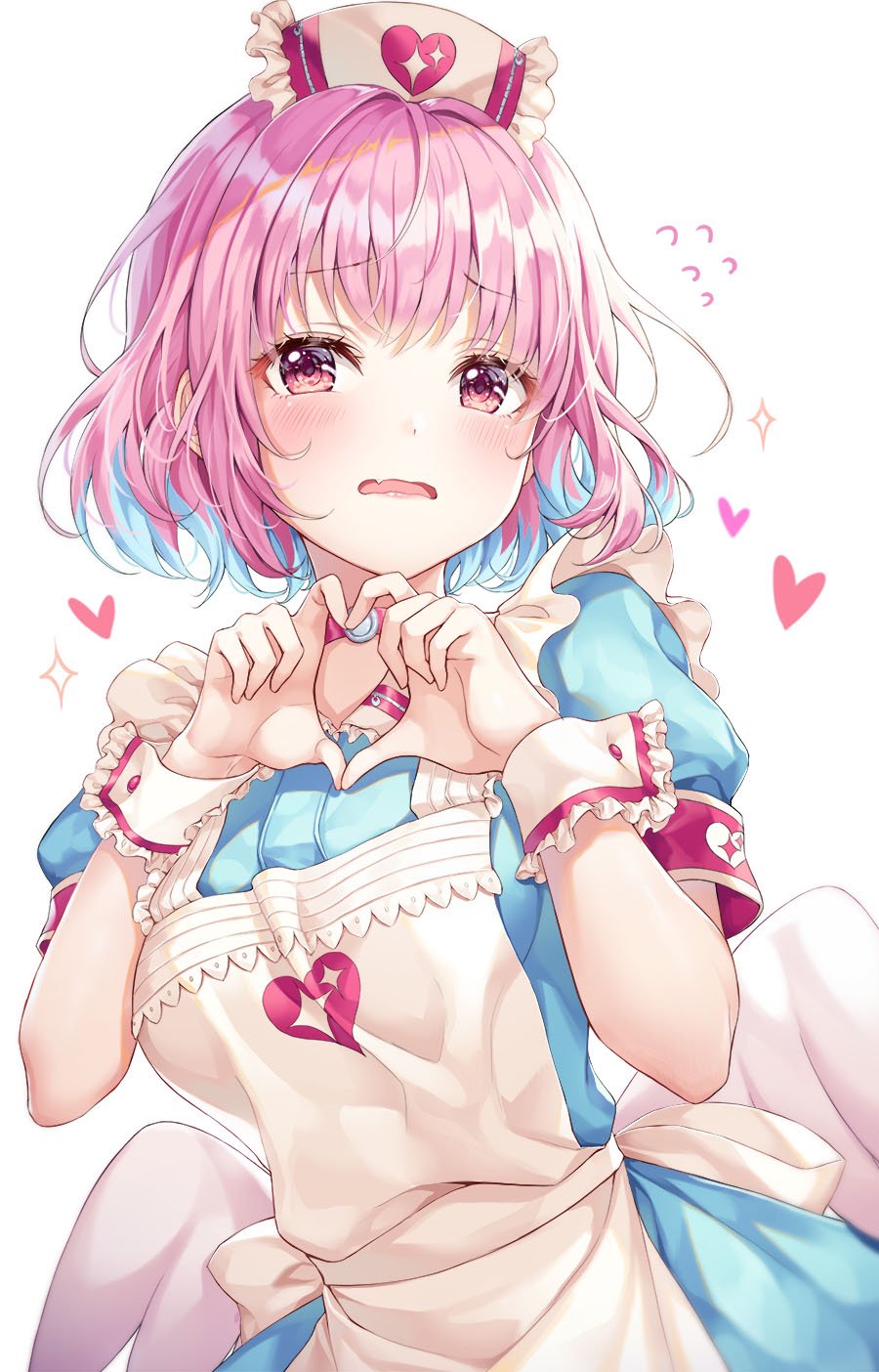 1girl apron armband blue_dress blue_hair blush breasts dress embarrassed fang flying_sweatdrops hands_up hat heart heart_hands heart_print highres idolmaster idolmaster_cinderella_girls looking_at_viewer medium_breasts multicolored_hair nurse_cap open_mouth pink_hair r_o_ha red_eyes short_hair short_sleeves simple_background solo two-tone_hair upper_body wavy_mouth white_apron white_background wings wrist_cuffs yumemi_riamu