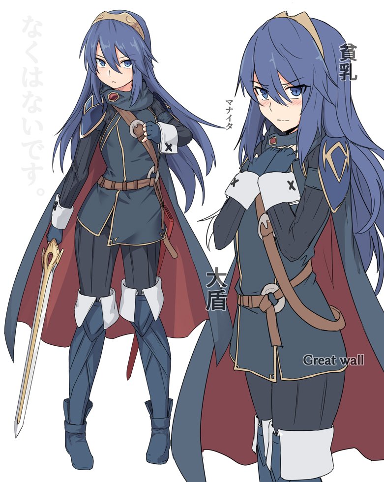 1girl bangs belt blue_eyes blue_footwear blue_hair blush bodysuit boots cape commentary_request english_text eyebrows_visible_through_hair falchion_(fire_emblem) fingerless_gloves fire_emblem fire_emblem:_kakusei full_body gloves hair_between_eyes hands_on_own_chest hands_together holding holding_sword holding_weapon long_hair looking_at_viewer lucina nintendo shiseki_hirame shoulder_armor simple_background standing sword thigh-highs thigh_boots tiara translation_request weapon white_background wrist_cuffs