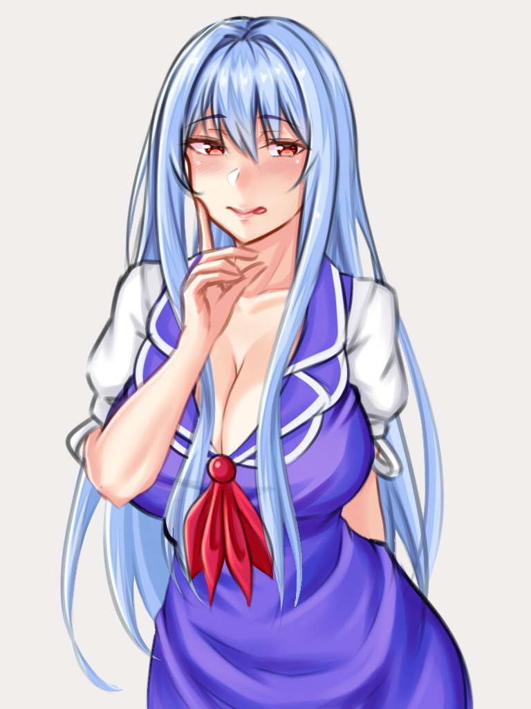 1girl arm_behind_back blue_dress blue_hair blush breasts cleavage collarbone commentary_request cowboy_shot dress eyebrows_visible_through_hair finger_to_cheek grey_background index_finger_raised kamishirasawa_keine large_breasts licking_lips looking_to_the_side mimasi_osuwari naughty_face puffy_short_sleeves puffy_sleeves short_sleeves simple_background solo tongue tongue_out touhou