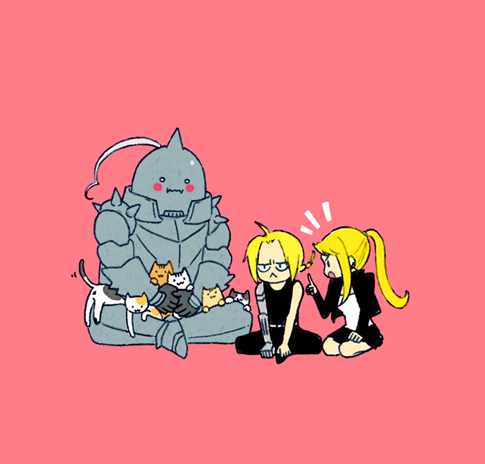 1girl 2boys :&lt; ahoge alphonse_elric annoyed armor automail bare_legs black_jacket blonde_hair blush blush_stickers braid brothers cat chibi edward_elric full_armor full_body fullmetal_alchemist hanayama_(inunekokawaii) index_finger_raised jacket multiple_boys pants pink_background ponytail profile seiza shirt siblings simple_background sitting skirt sleeveless sleeveless_shirt white_shirt winry_rockbell