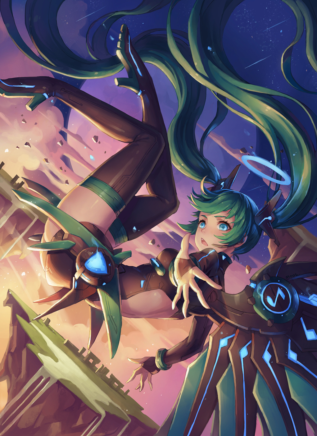 1girl aqua_eyes boots falling green_hair halterneck hatsune_miku high_heel_boots high_heels highres lolita_fashion long_hair mechanical_wings mool_yueguang open_mouth outstretched_arm shooting_star solo star_(sky) thigh-highs thigh_boots thighs twintails very_long_hair vocaloid wings