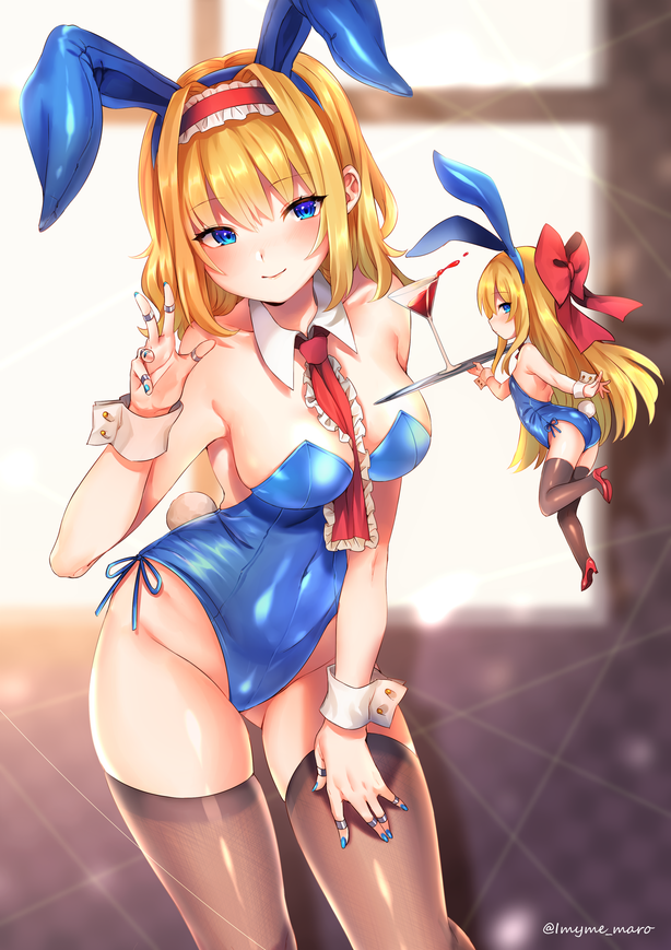2girls alcohol alice_margatroid alternate_costume animal_ears artist_name ass bangs bare_arms bare_shoulders blonde_hair blue_eyes blue_nails blush bow breasts brown_legwear bunny_tail bunnysuit cocktail_glass collarbone commentary_request covered_navel cowboy_shot cup detached_collar drinking_glass eyebrows_visible_through_hair fake_animal_ears fake_tail frilled_hairband frilled_neckwear frills gluteal_fold groin hair_bow hairband hand_up high_heels holding holding_tray indoors lolita_hairband long_hair looking_at_viewer marota medium_breasts multiple_girls nail_polish profile puppet_rings rabbit_ears red_bow red_footwear red_hairband red_neckwear shanghai_doll sheer_legwear short_hair sidelocks skindentation smile standing standing_on_one_leg tail thigh-highs thighs touhou tray twitter_username very_long_hair window wine wrist_cuffs
