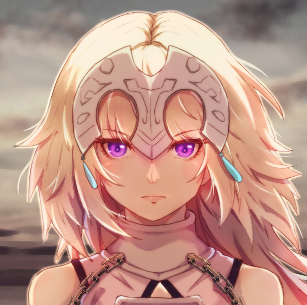 1girl bare_shoulders blonde_hair blurry blurry_background chains clouds cloudy_sky eyebrows_visible_through_hair fate/apocrypha fate_(series) floating_hair frown jeanne_d'arc_(fate) jeanne_d'arc_(fate)_(all) long_hair looking_at_viewer lyra-kotto portrait sky sleeveless solo violet_eyes