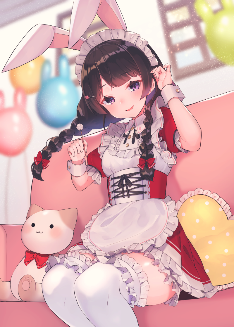 1girl alternate_costume animal_ears apron arm_up bangs blurry blurry_background blush braid breasts brown_hair commentary_request couch depth_of_field dress enmaided eyebrows_visible_through_hair frilled_apron frilled_legwear frilled_pillow frills heart heart_pillow holding indoors long_hair low_twintails maid maid_headdress mimikaki nijisanji on_couch parted_lips pillow pleated_dress polka_dot puffy_short_sleeves puffy_sleeves rabbit_ears red_dress short_sleeves small_breasts smile solo stuffed_animal stuffed_cat stuffed_toy suzuho_hotaru thigh-highs tsukino_mito twin_braids twintails violet_eyes virtual_youtuber waist_apron white_apron white_legwear window wrist_cuffs