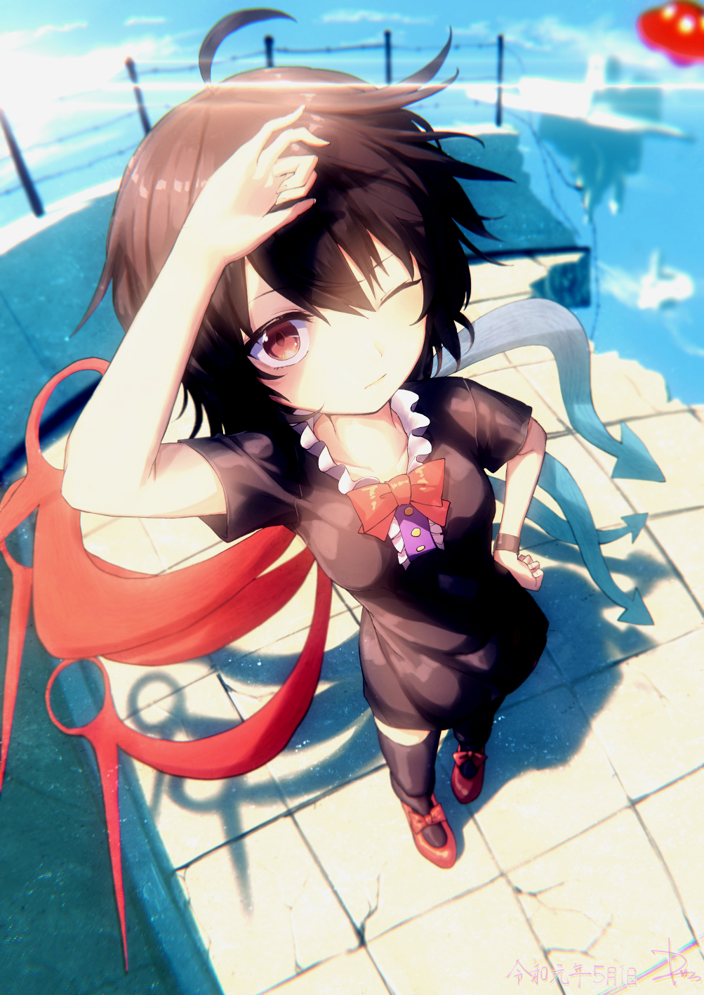 1girl asymmetrical_wings black_dress black_hair black_legwear closed_mouth commentary_request day dress from_above full_body highres houjuu_nue kisamu_(ksmz) looking_at_viewer looking_up one_eye_closed outdoors red_eyes sky solo thigh-highs touhou ufo wings