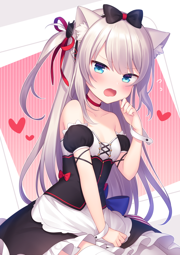 1girl amane_kurumi animal_ear_fluff animal_ears apron azur_lane bangs bare_shoulders black_bow black_dress black_sleeves blush bow breasts cat_ears cat_hair_ornament collarbone commentary_request detached_sleeves dress eyebrows_visible_through_hair flying_sweatdrops frilled_dress frills hair_between_eyes hair_bow hair_ornament hair_ribbon hammann_(azur_lane) hand_up heart long_hair looking_at_viewer one_side_up open_mouth puffy_short_sleeves puffy_sleeves red_ribbon remodel_(azur_lane) ribbon short_sleeves silver_hair sitting small_breasts solo strapless strapless_dress striped striped_background thigh-highs v-shaped_eyebrows vertical-striped_background vertical_stripes very_long_hair waist_apron white_apron white_legwear wrist_cuffs
