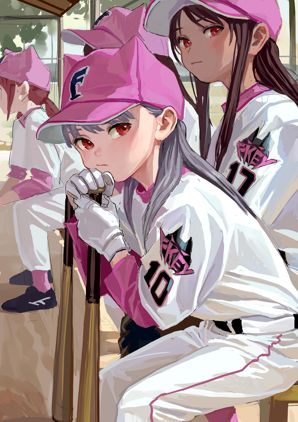 1girl 4girls bangs baseball_bat baseball_cap black_footwear brown_hair fkey gloves hat highres looking_at_viewer multiple_girls original pants pink_headwear pink_legwear red_eyes shirt shoes silver_hair sitting solo sportswear white_gloves white_pants white_shirt