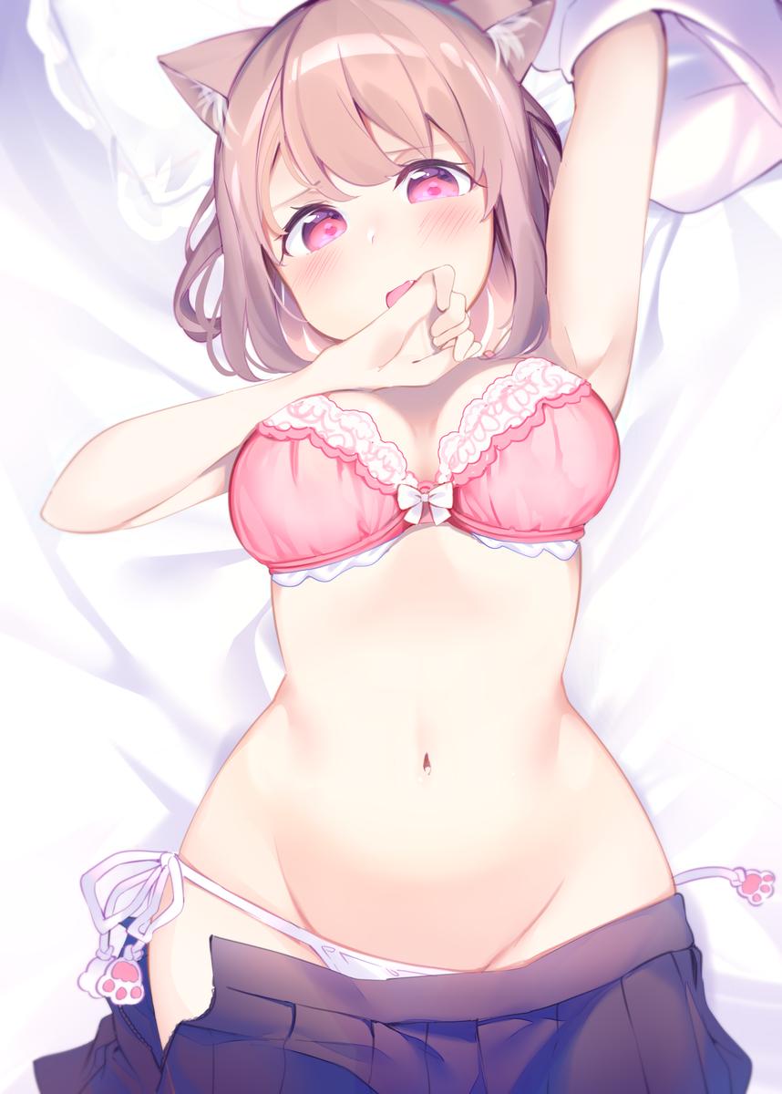1girl animal_ears arm_up bangs bed_sheet blush bow bow_bra bra breasts brown_hair brown_skirt chikuwa. commentary_request eyebrows_visible_through_hair fang groin hair_between_eyes head_tilt highres large_breasts looking_at_viewer lying navel on_back open_clothes open_mouth open_skirt original panties pillow pink_bra pleated_skirt red_eyes side-tie_panties skirt skirt_pull solo stomach underwear white_panties
