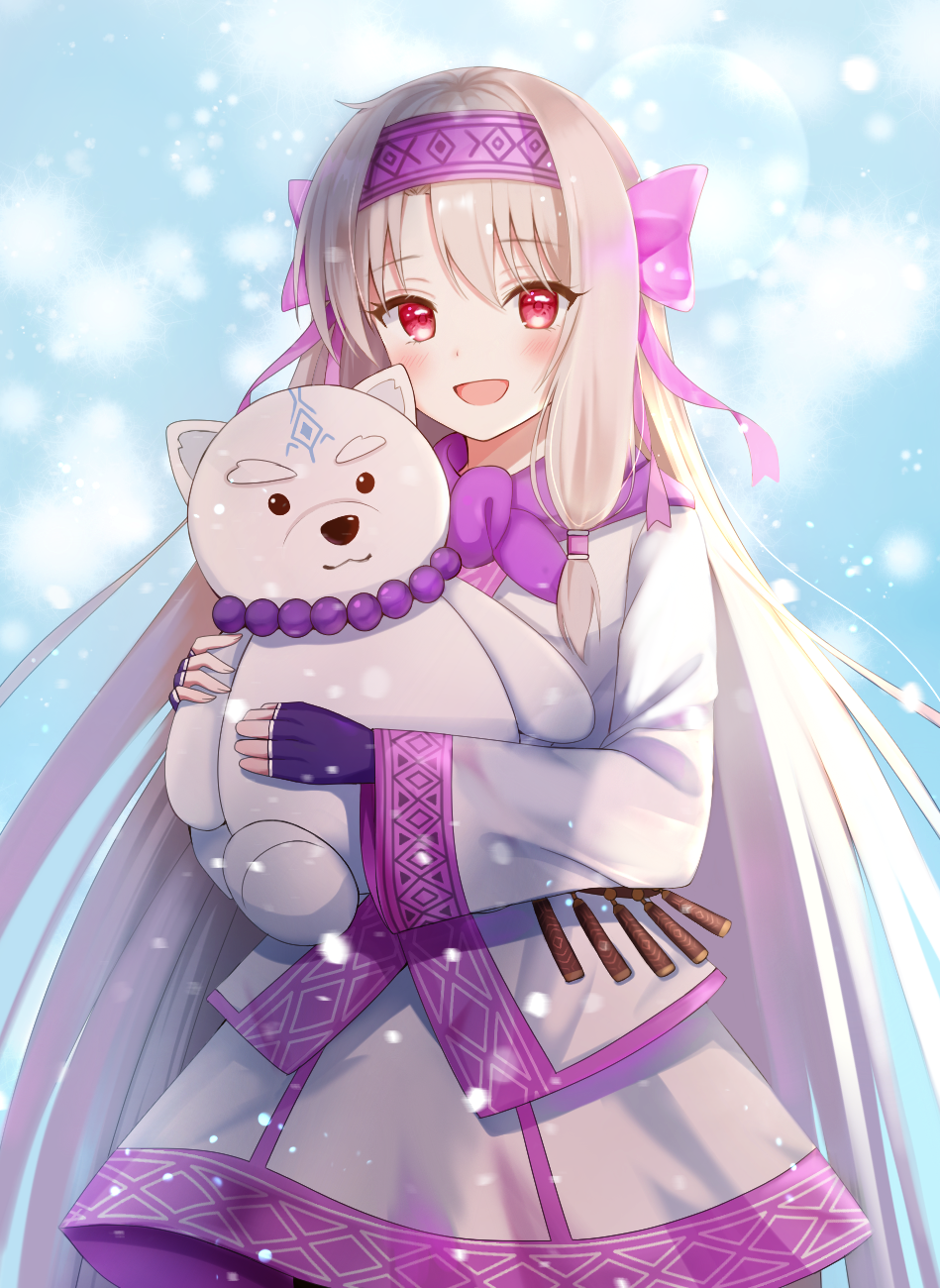 1girl :d ainu_clothes bangs blue_sky blush bow character_doll day eyebrows_visible_through_hair fate/grand_order fate_(series) fingerless_gloves fingernails gloves hair_between_eyes hair_bow hairband highres illyasviel_von_einzbern light_brown_hair long_hair long_sleeves looking_at_viewer nasii object_hug open_mouth outdoors pink_bow pink_hairband purple_gloves red_eyes revision shirou_(fate/grand_order) sidelocks sitonai sky smile snow solo stuffed_animal stuffed_toy teddy_bear very_long_hair wide_sleeves