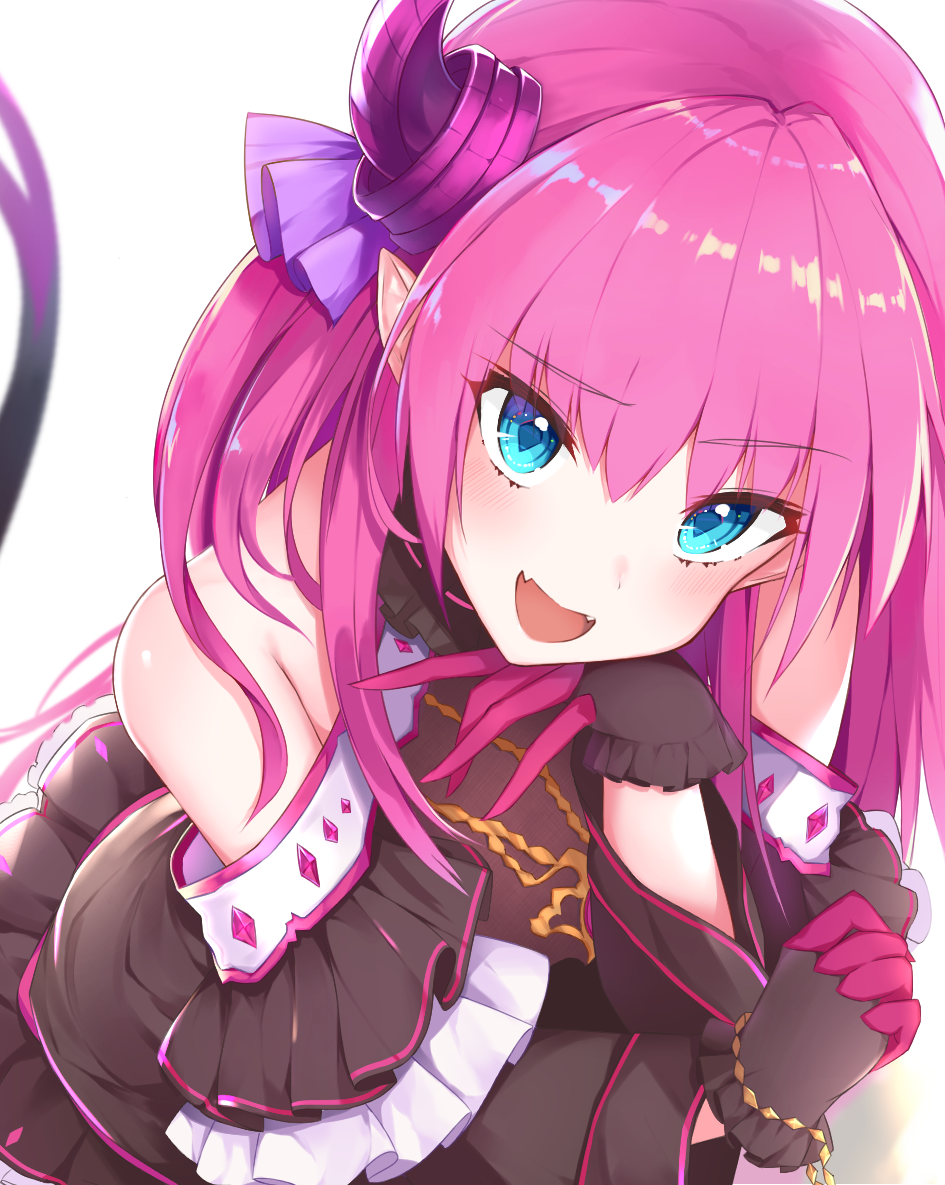 1girl :d bare_shoulders blue_eyes blurry blurry_background blush brown_dress chin_rest commentary_request curled_horns depth_of_field dragon_girl dragon_horns dragon_tail dress elizabeth_bathory_(fate) elizabeth_bathory_(fate)_(all) eyebrows_visible_through_hair fang fate/grand_order fate_(series) gloves horns long_hair looking_at_viewer meuneyu open_mouth pink_hair pointy_ears simple_background smile solo tail white_background